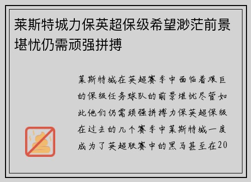莱斯特城力保英超保级希望渺茫前景堪忧仍需顽强拼搏 莱斯特城力保英超保级希望渺茫前景堪忧仍需顽强拼搏